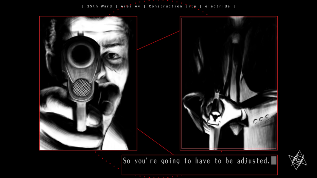 Screenshot from "electride." The left window shows Hatoba, holding a pistol aimed at the viewer. It obscures most of his face. The right window shows Kosaka from the neck to the waist, holding a machine gun. Kosaka says, "So you're going to have to be adjusted."