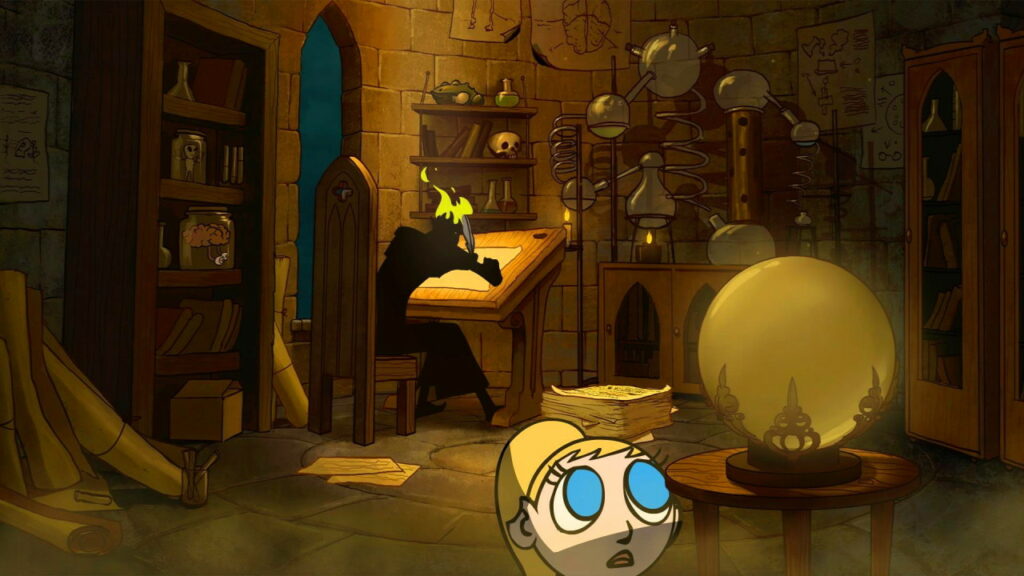 A screenshot. In the Wizard's study, a room full of books and alchemical equipment, the Wizard is in the background, bent over his desk writing. In the foreground, Tsioque peeks from the bottom of the screen, staring at the Wizard's crystal ball.