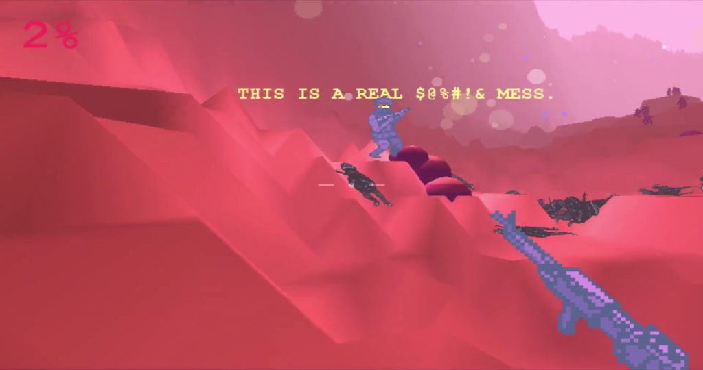 A screenshot. In the pink battlefield, the player, in a first-person perspective, approaches Agent Mackenzie, who stands surrounded by enemy corpses that appear flat like paper cutouts. Mackenzie is saying, "THIS IS A REAL $@%#!& MESS."