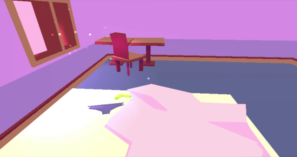 A screenshot. The player character awakening in a bed from a first-person perspective. On the bed are messy pink sheets, a green sock, and a pair of purple panties. A chair and two tables sit against the wall, and light shines through the window on the left.