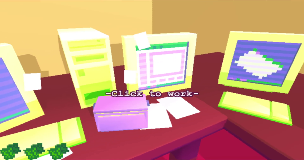 A screenshot. The player is in the office with three green desktop computers and a pink lunchbox. In the lower left corner, three icons of green dollar notes indicate the amount of money the player character possesses.