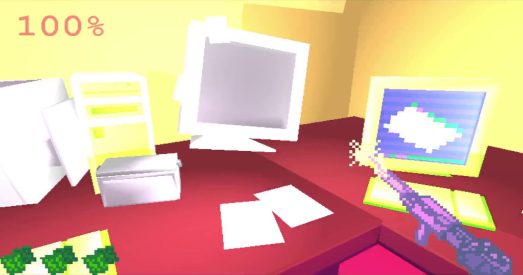A screenshot. The player character shooting one of the desktop computer monitors. The health meter is now once again displayed in the upper left. Another desktop lays fallen, already shot.