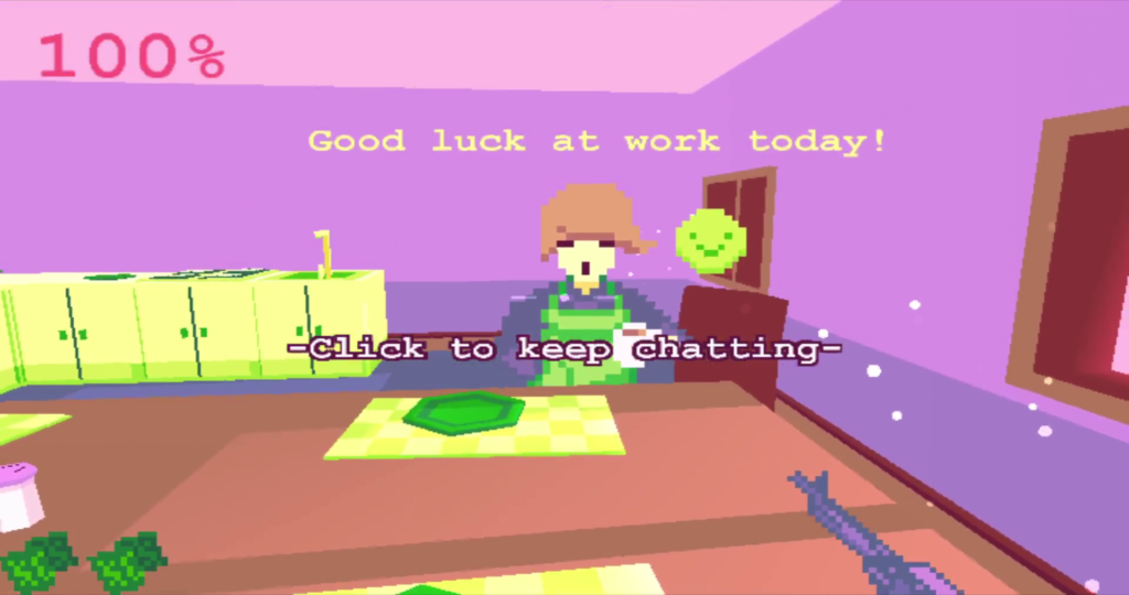 A screenshot of the player character aiming the rifle at Mackenzie, who is saying, "Good luck at work today!"