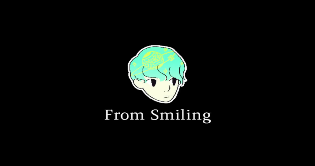A screenshot of From Smiling's older logo, which depicts a stylized human head looking to the right. A pattern resembling Saturn is in this head's green hair. Beneath it is the text "From Smiling."