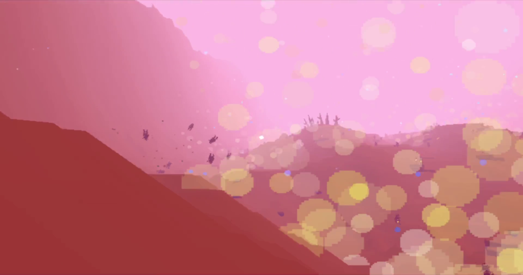 A screenshot of the pink battlefield. Smoke rises from the ground, and the fog of war obscures the distance. A bomb is going off, sending enemy soldiers flying from a hillside.