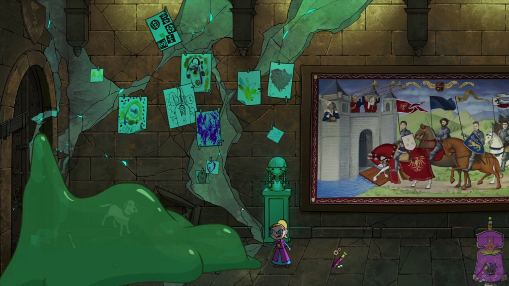 A screenshot. In a hallway with both medieval paintings and a child's crude drawings taped to the wall, Tsioque faces an enormous green blob with small debris floating in it, including her dog. She is flipping a coin into the slime.