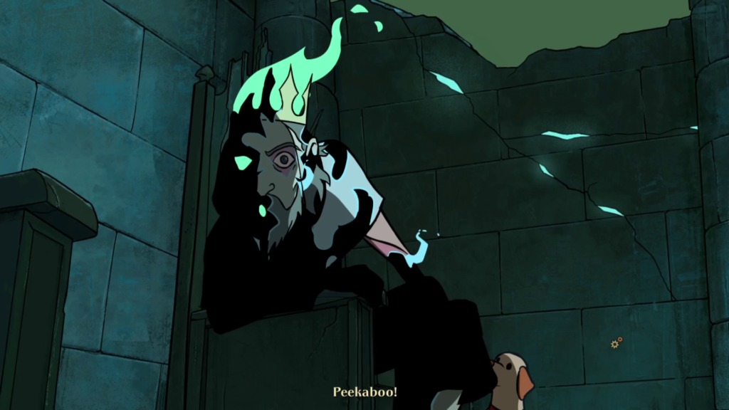 A screenshot from near the finale. The Wizard/King leans over from his throne, staring menacingly into the camera and saying "Peekaboo!" He is half-shadow, half-human, his skin a sickly gray and the flame from his head green. In this form, he appears more monstrous than as a shadowy Wizard. The cursor appears as two small gears near the lower right of the image.
