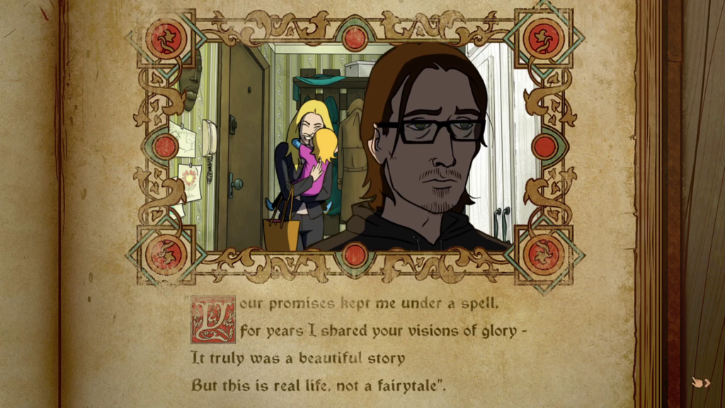 A screenshot from the ending. It is stylized to look like the page of a book. In an illustration, the Wizard, now an adult man with brown hair and blue eyes wearing a hoodie and glasses, looks sadly to the right of the image. The text is half of the poem I quote above.