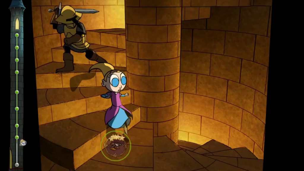 A screenshot. Tsioque runs down a winding stairwell that looks almost golden in the lighting. Behind her, a goblin in golden armor is raising his sword to swing. On the left side of the screen is a map of the tower showing how far down she has left to go. She is almost at the bottom. A jump icon is appearing near her feet for the player to click on.