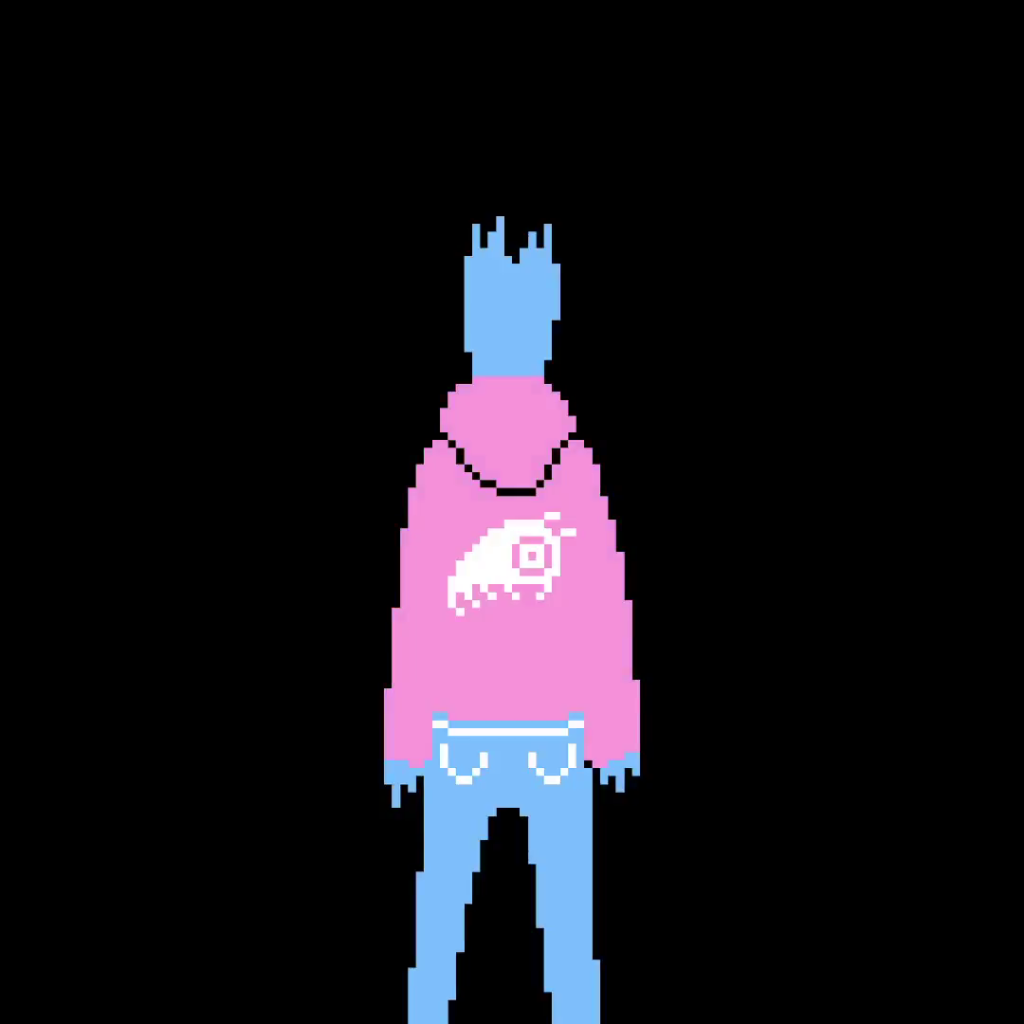 A screenshot showing the player character's back. A figure with blue, spikey hair and skin, a pink hoodie with a bug-like creature design on the back, and jeans.