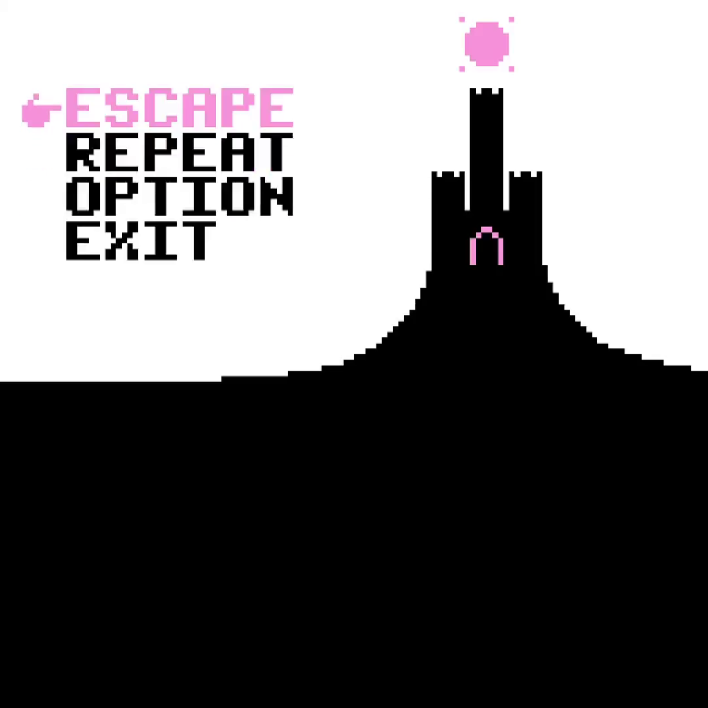 A screenshot of the title screen. A phallic castle tops a hill in silhouette. The player can choose "ESCAPE, "REPEAT," "OPTION," or "EXIT."