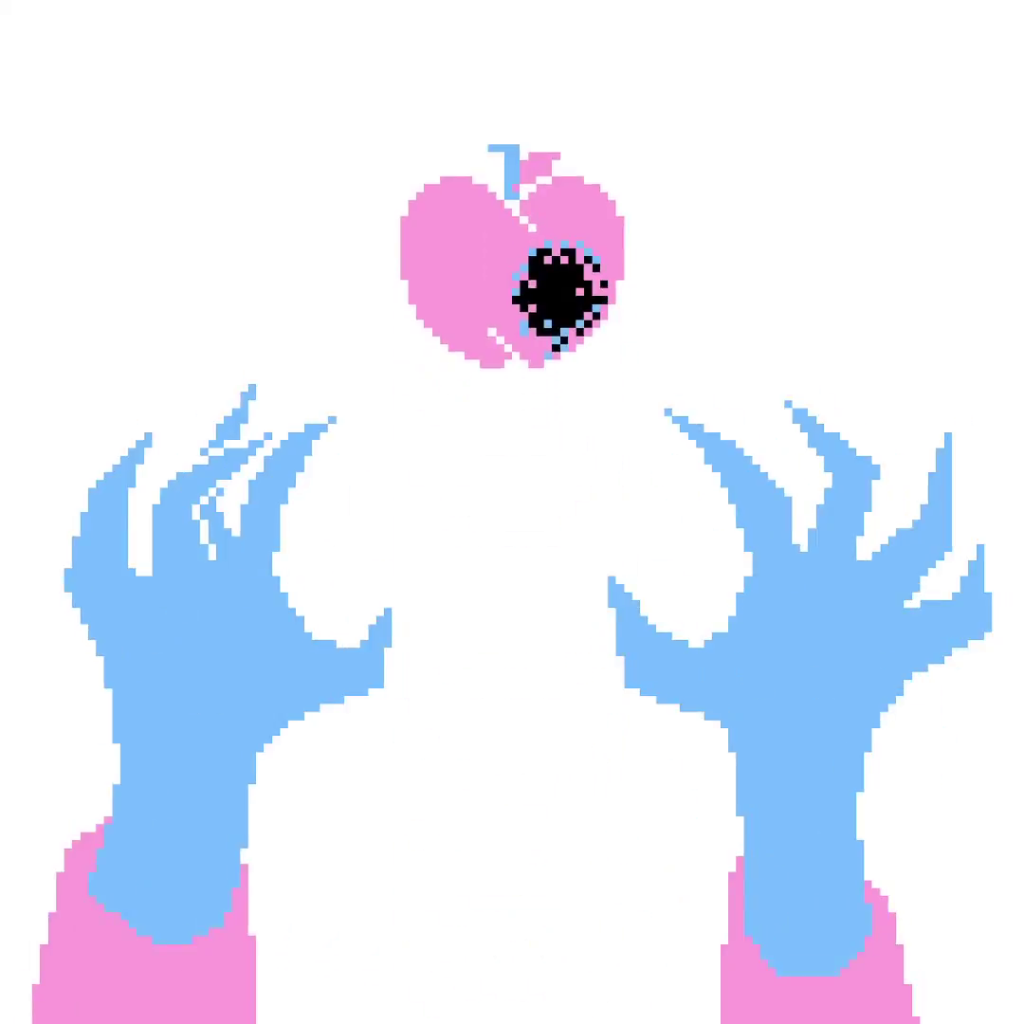 The player character's hands lifting one of the keys, an apple with a hole in it.