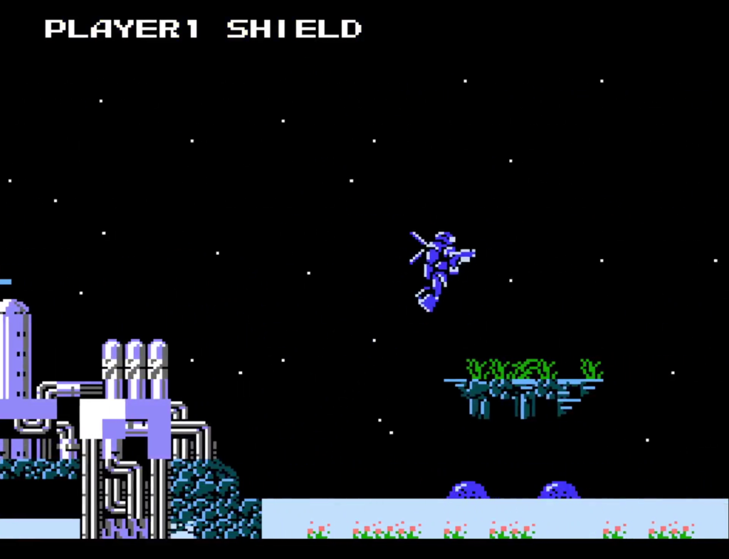Screenshot from Daiva Story 6. A blue mecha is in midair between some kind of mechanical facility and a platform over bubbling water. The background is a starry sky.