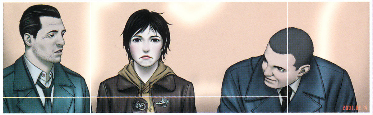 Color image of, from left to right, Kusabi, Sakura, and Kosaka. Kusabi is talking to Kosaka, who leans forward to look over Sakura at him. Ignored between them, Sakura scowls. A date in the lower left corner reads "2001.02.14."