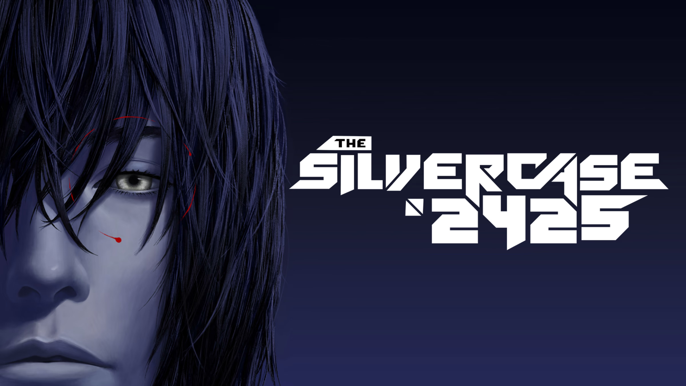 Promotional artwork of The Silver Case 2425. To the left of the logo, Fujiwara Kamui's head is visible. He has a serene expression. His left eye is visible. It is silver and outlined with several thin red lines.