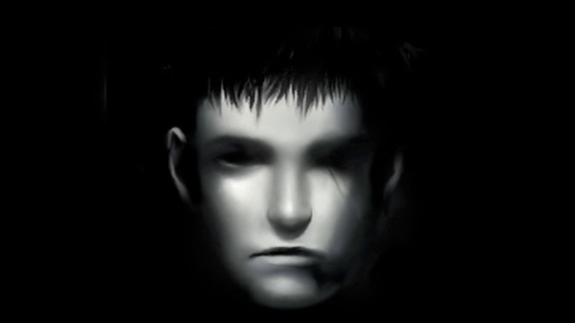 Akira's face. In shadows, his skin looks gray. Darkness covers his eyes. There is a scar from his left eye down his cheek.