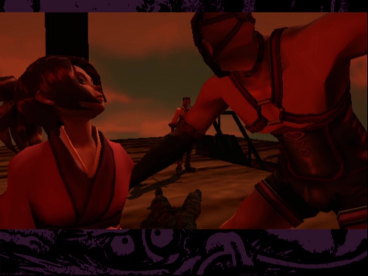 Screenshot from Samurai Champloo: Sidetracked. A cutscene. In the foreground, Fuu is tied to a pole on the left. On the right, Antonioni menacingly leans over her. He is a tall, muscular figure wearing a leather face mask, a collar, black gloves, and a singlet with openings along the side that resembles a corset, though it does not cover his chest, over which he has several straps. There are three hearts in a column on the belly of his outfit. Antonioni looks away from the viewer, over his shoulder, to see Worso, who stands in the background.
