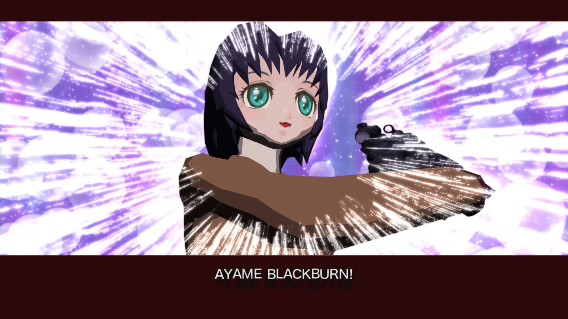 Screenshot of "Encounter." Ayame Blackburn, wearing an anime girl face mask, shouts her name surrounded by emphasis lines and bubbles like in an anime.