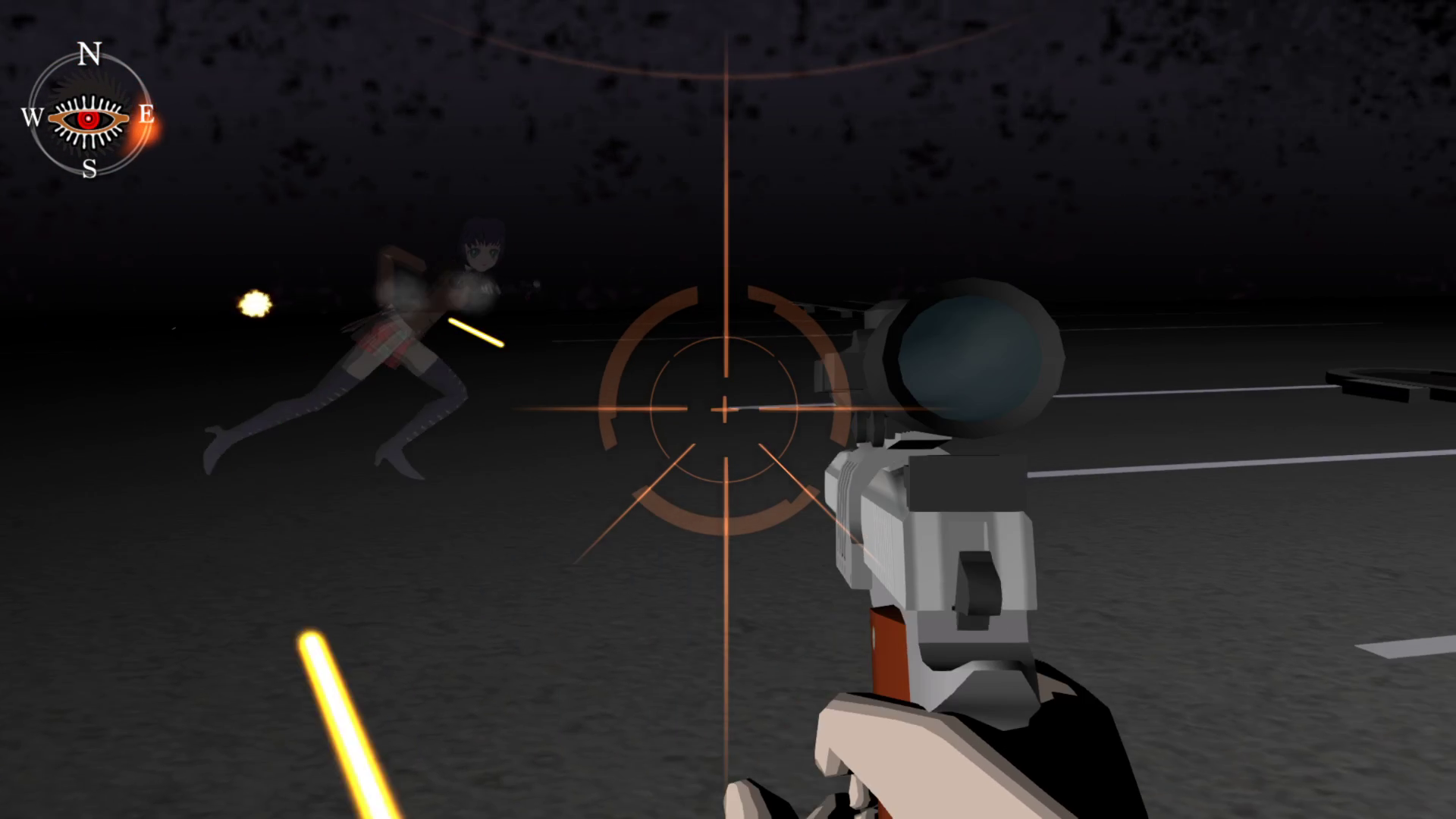 Screenshot of "Encounter Part 1." First-person perspective of Kaede Smith aiming her gun at Ayame Blackburn, who rushes by firing bullets. Because she is in the dark, Ayame is transparent, i.e. invisible.
