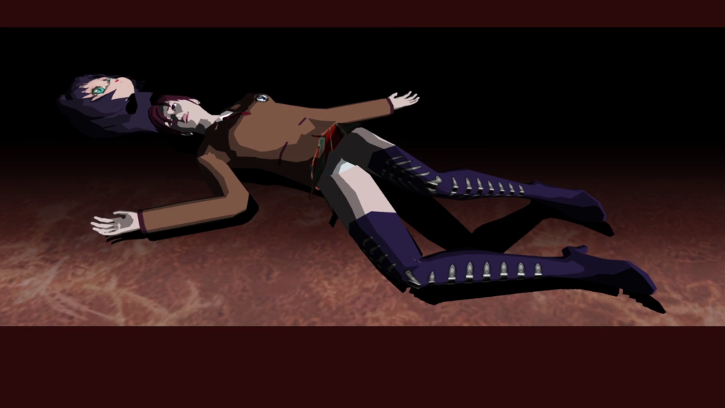 Screenshot of "Encounter Part 2." In a dark room, Ayame Blackburn lies dead on her back. Her anime girl mask has fallen off, exposing her face, which is rendered in a much more realistic style. Her white panties are prominently visible under a plaid miniskirt. She stares with open eyes.