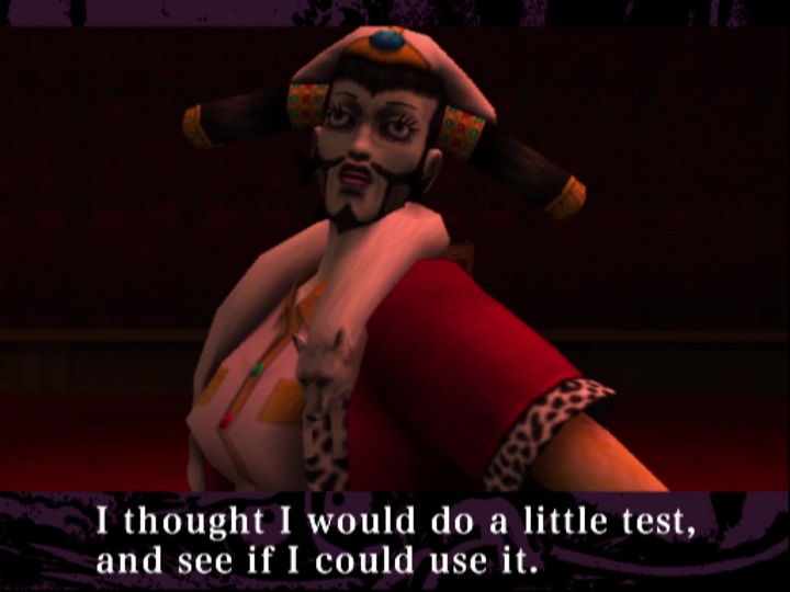 Screenshot from Samurai Champloo: Sidetracked. Visible from the chest up, Bulykin stands in a room with a lavish red carpet. Bulykin wears a red robe with ermine over a white shirt with jeweled buttons and golden trim. Bulykin has greenish skin, bulging eyes, a white hat with a blue jewel, a thin beard and mustache, and long hair worn in a shape resembling long horns. Golden jewel-studded jewelry holds this hairstyle in its shape.
