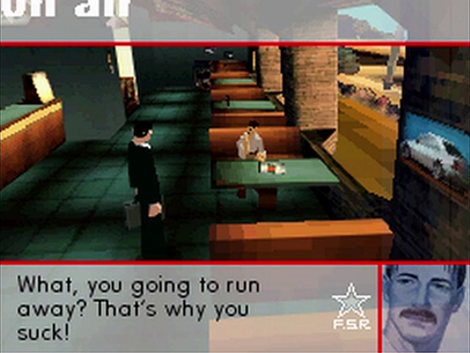 Screenshot of Sumio talking to Kai Daizaburo at a diner. They are the only people there. Sumio stands, looking at Daizaburo, who sits in a booth. Daizaburo says, "What, you going to run away? That's why you suck!" 