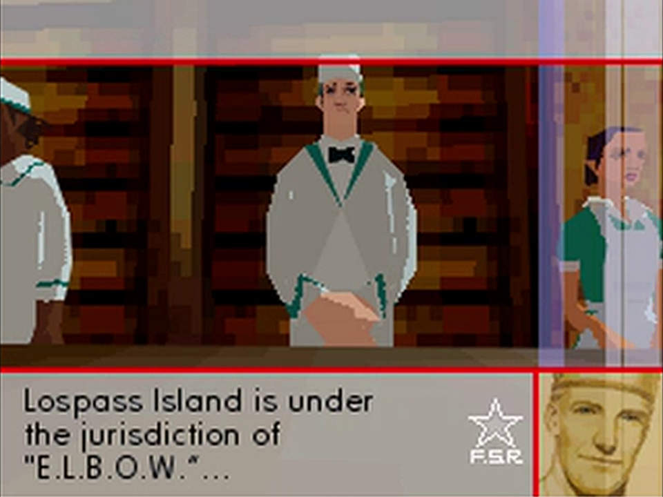 Screenshot showing Edo Macalister standing between Stuart (on his right) and Sue (on his left). Edo says, "Lospass Island is under the jurisdiction of 'E.L.B.O.W.'...