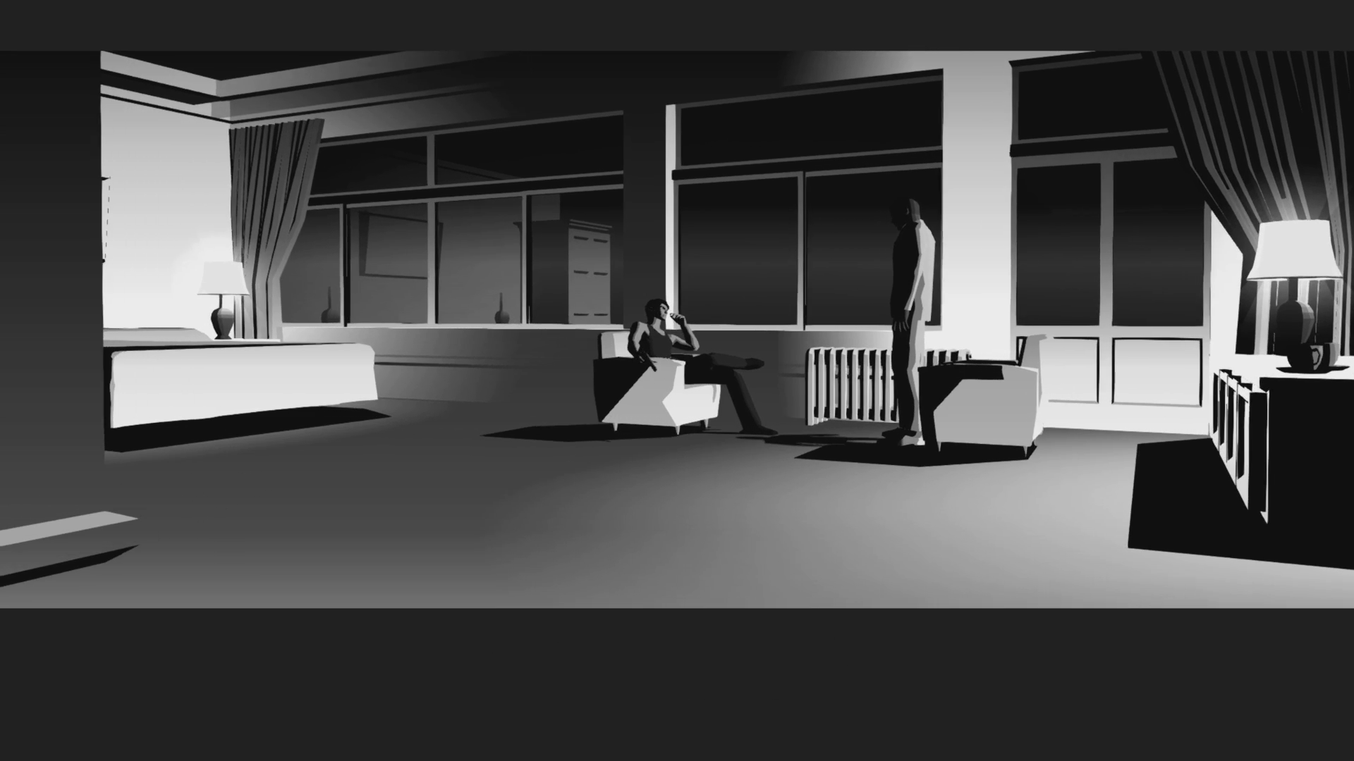 Screenshot from "Smile." Black-and-white, the wide shot shows a hotel room in the Union Hotel at night. Dan Smith sits in a chair on the left, a pistol in his right hand. Emir stands before the chair opposite Dan, staring down at him. Due to the angle and the lighting, Emir's face cannot be seen.