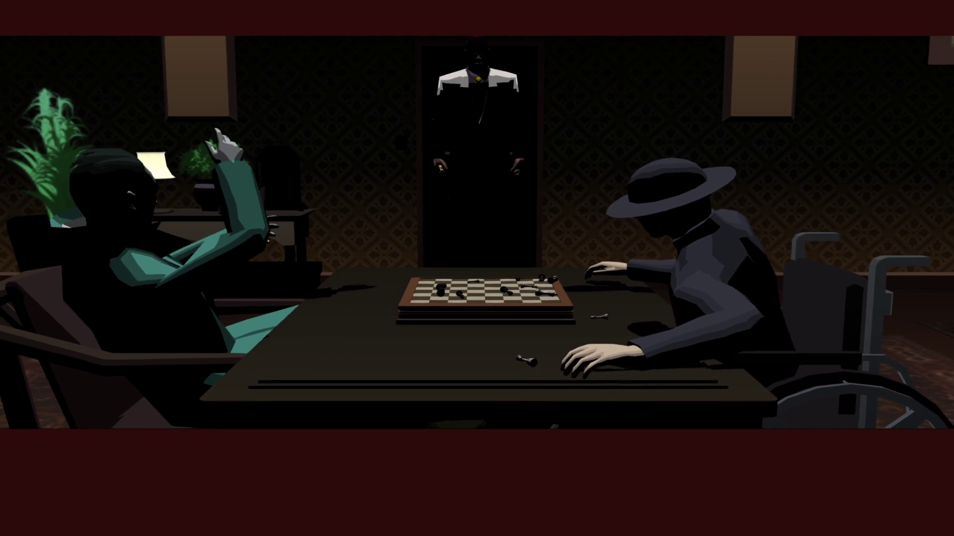 Screenshot from "Smile." Kun Lan sits on the left side, and Harman on the right. The shot centers on a black doorway, in which Emir stands, covered in shadow, wearing a white suit and holding the Golden Gun. Harman and Kun are panicking, turned toward Emir. Their chess game is upset, the pieces fallen.