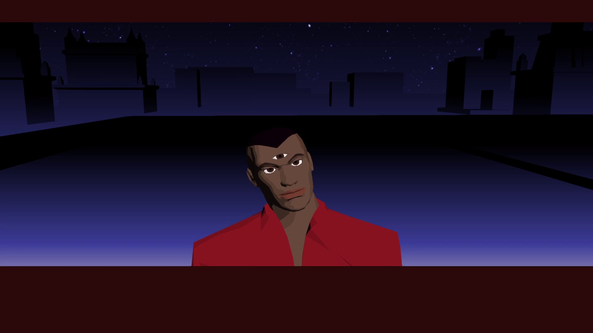 Screenshot of "Smile." Emir, a teenager, on the roof of the Union Hotel at night. he is smiling and has a third eye open on his forehead. He wears a red shirt and is visible from the shoulders up. The background is a cityscape rendered in black lines on a minimal purple gradient.