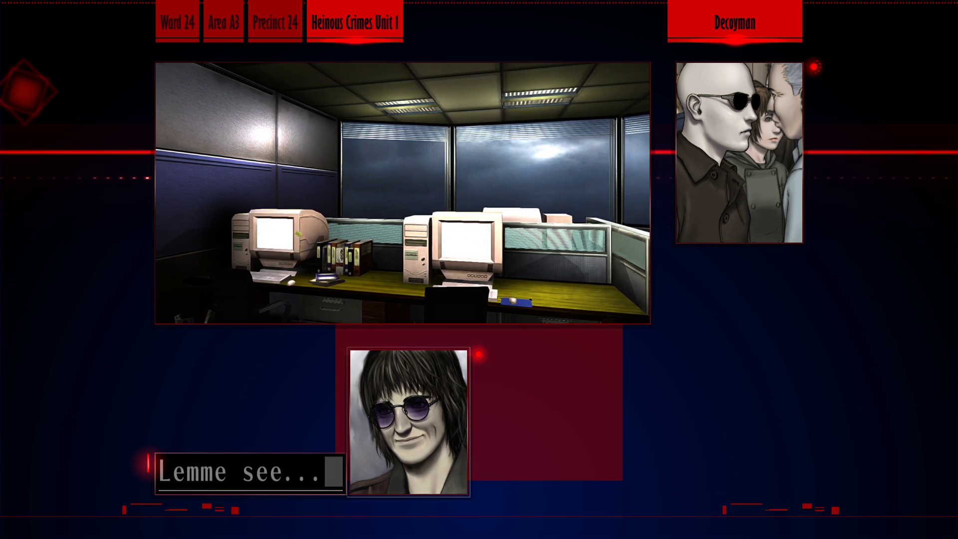 Screenshot from "Decoyman." One window shows the Precinct 24 Heinous Crimes Unit 1 office. To the right is a window showing the photograph of Kamui, a bald man wearing sunglasses in a crowd. Morikawa says, "Lemme see..."