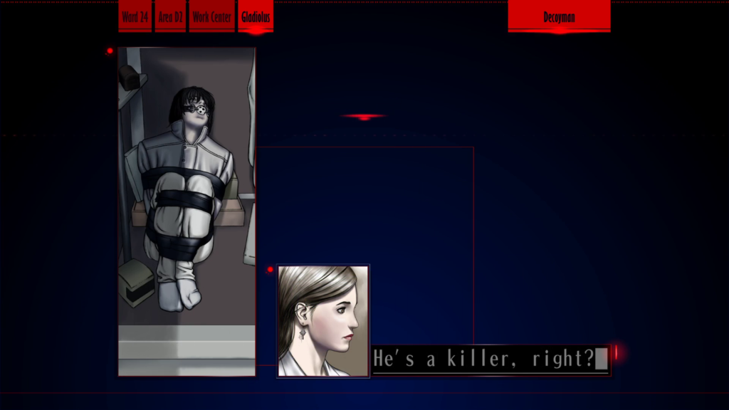 Screenshot from "Decoyman." At Gladiolus, an art studio, Fujiwara is bound with duct tape and a bondage gag. Shimohira Ayame says, "He's a killer, right?"