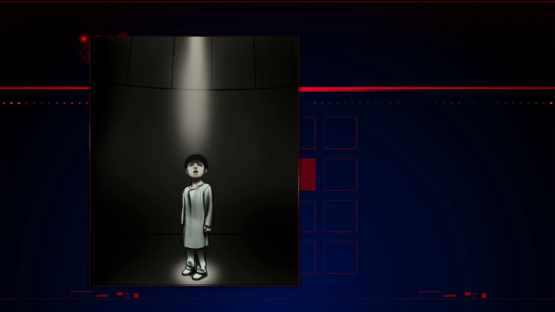 Screenshot of "Decoyman." A window on the left shows a child Fujiwara, dressed in white, standing in a vast, empty dark room staring upward at a ray of light shining on him from off-screen.
