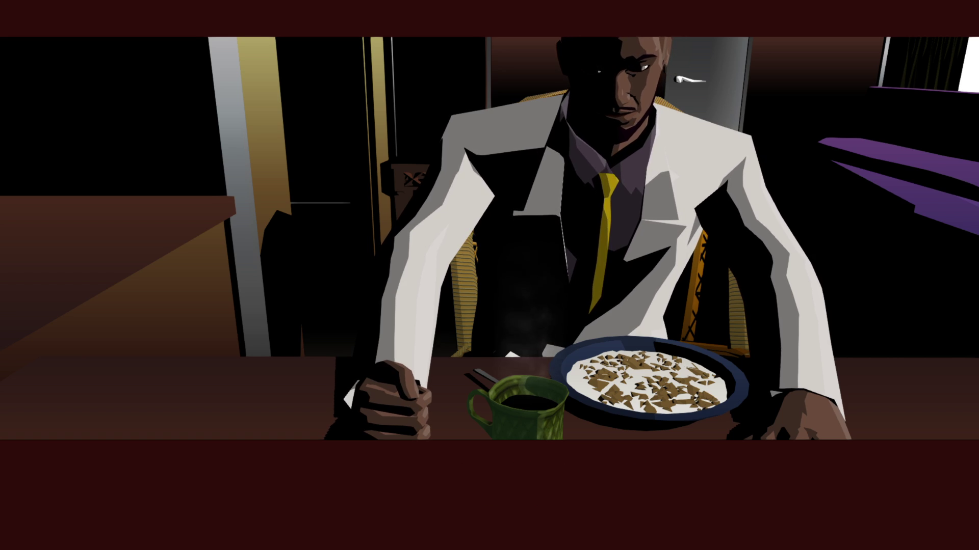 Screenshot of "Sunset." Garcian Smith sits at his kitchen table. In front of him are a green mug of coffee and a blue bowl of cereal that resembles Chex.