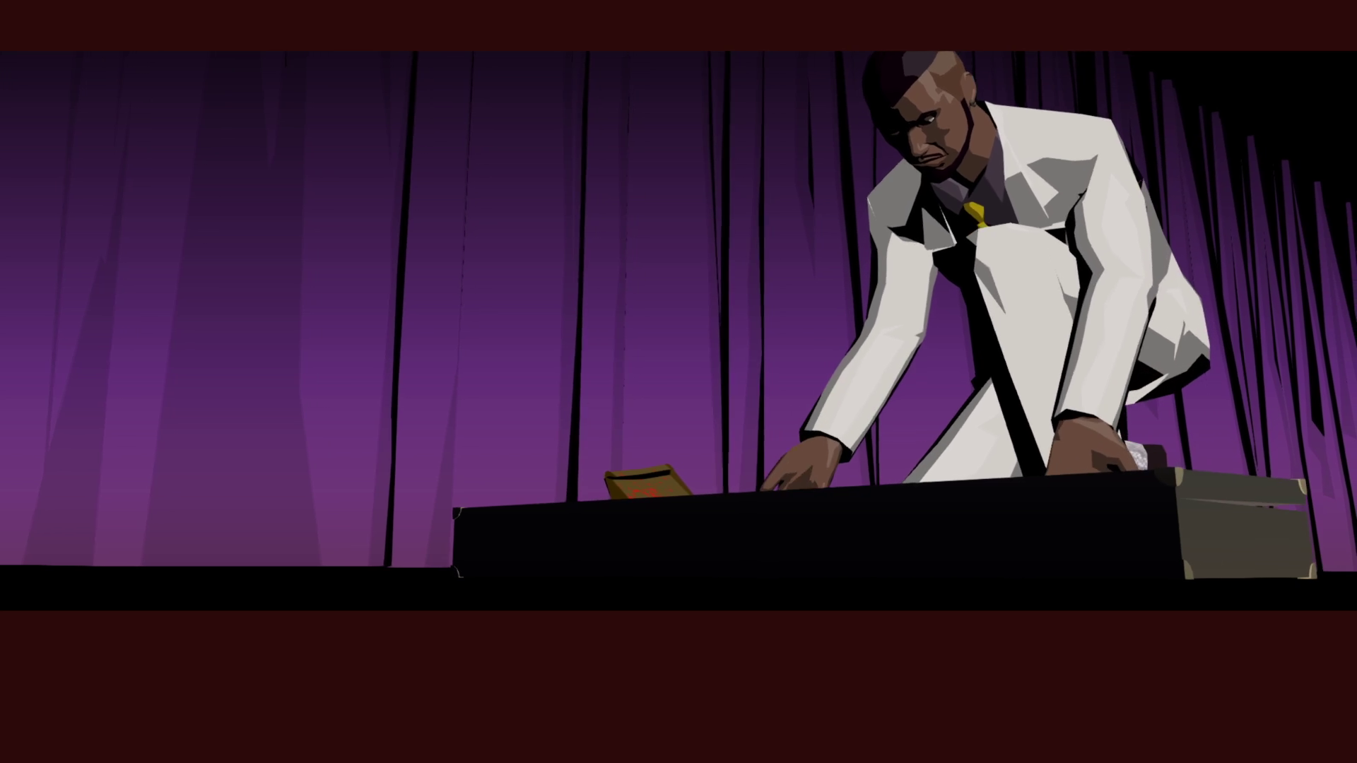 Screenshot of Garcian kneeling, opening his suitcase. Next to him is a bloody paperback of one of the other persona's flesh he is about to put into the suitcase. The background is a purple curtain.