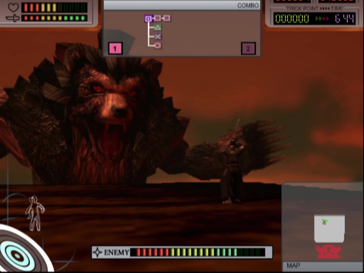 Screenshot from Samurai Champloo: Sidetracked. In gameplay, Jin holds his sword up to block an attack from the giant red-eyed bear opening its mouth and leaning over the rooftop. The bear looks almost like it is made out of wood.