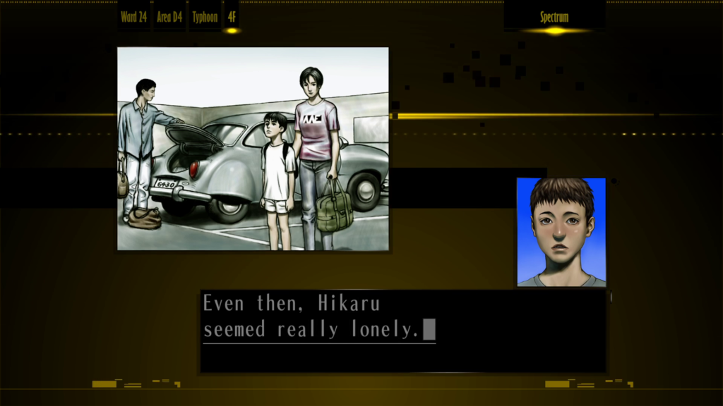 Screenshot from "Spectrum." A window in the upper left shows a man, woman, and child. The man is holding a suitcase and shutting the trunk of a car. Another suitcase is at his feet. Hikaru wears a backpack and stares up at the Typhoon Apartments, off-screen. The woman, his mother, holds a suitcase and has her hand on Hikaru's back. Her shirt has the letters "AAE" on it.