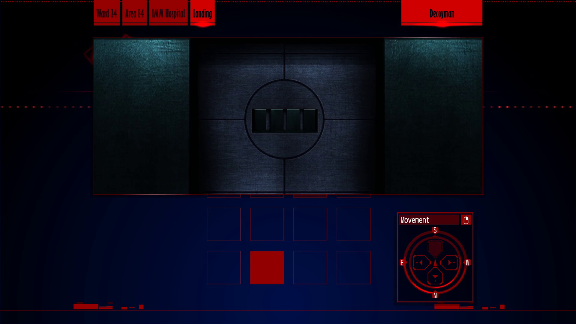 Screenshot of "Decoyman." The window shows the door to Fujiwara Kamui's cell. Three bars cover a narrow rectangular window in the center of a circle on the metal door.