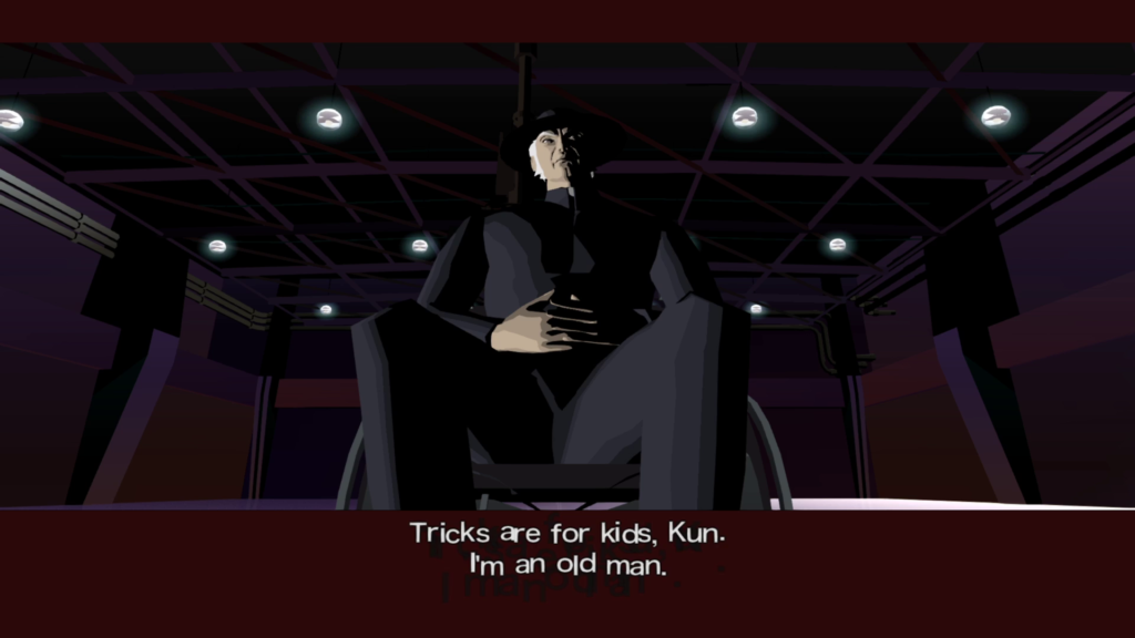 Screenshot of "Angel." Harman Smith is centered in the shot. He is in a large, warehouse-like room in the Celtic Building. Harman is an old man in a wheelchair. His huge gun is stowed behind him. Harman's hands are folded on his lap. The subtitles say, "Tricks are for kids, Kun. I'm an old man."
