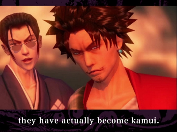 Screenshot from Samurai Champloo: Sidetracked. It is continued from the previous screenshot. Jin says, "they have actually become kamui."