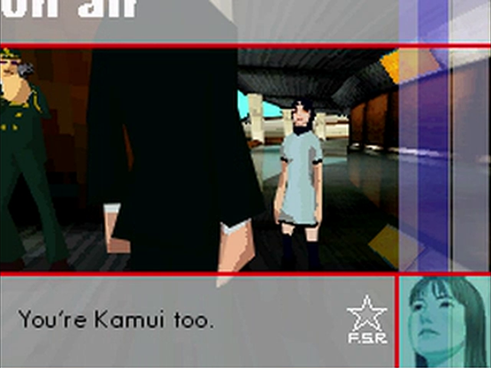 Screenshot showing Sumio and Toriko. Sumio is in the foreground, and Toriko in the background. They're in an airport terminal. Toriko says, "You're Kamui too."