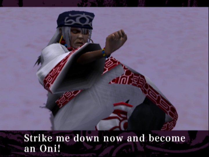 Screenshot from Samurai Champloo: Sidetracked. An old woman lies in the snow, sitting partway up and raising her left hand, which bears a colorful bracelet. She wears a large, blue headband with a white design on the front. Her white robe has red trim with white abstract patterns. The subtitles show her dialogue: "Strike me down now and become an Oni!"