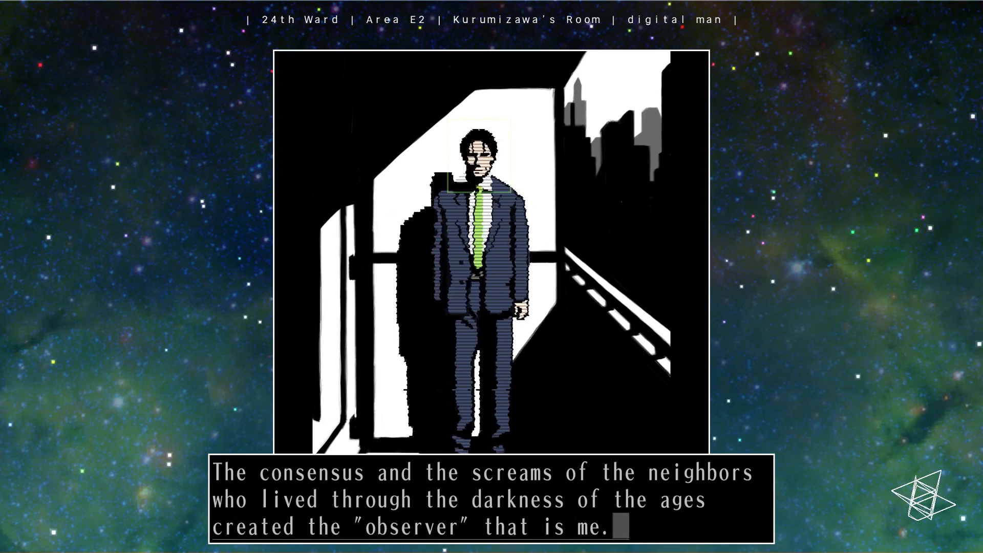 Screenshot from "digital man." Kurumizawa stands on the balcony of his apartment. He resembles a projection on a CRT screen, a totally different visual style than the rest of the world around him. He says, "The consensus and the screams of the neighbors who lived through the darkness of the ages created the 'observer' that is me."