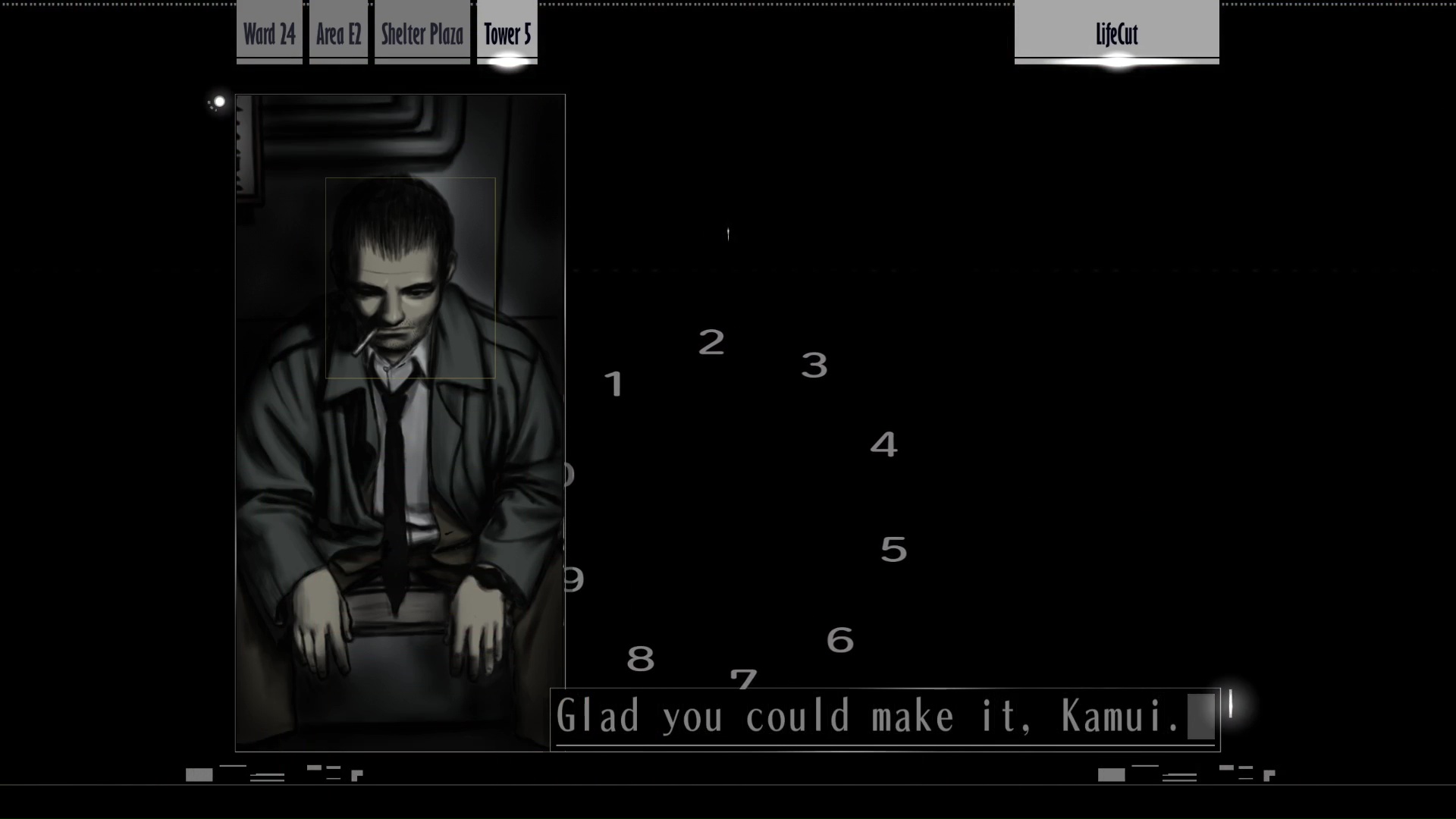 Screenshot from "LifeCut." Kusabi sits on a bed in Triangle Tower 5. He says to Akira, "Glad you could make it, Kamui."