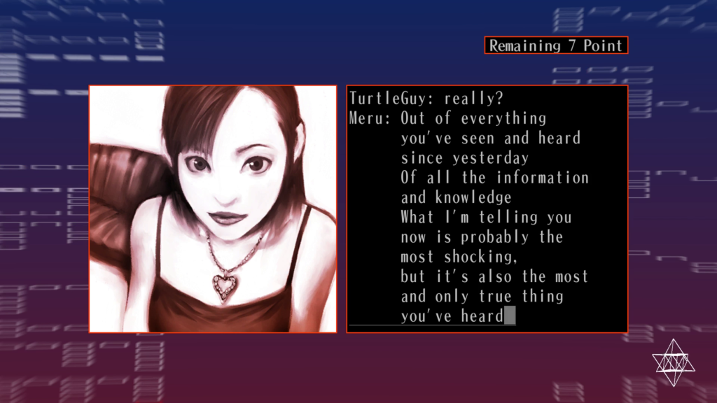 Screenshot from "NAGARE." Meru, a conventionally attractive wide-eyed woman wearing a heart-shaped necklace, is in the left window. The right window shows a chat log:
TurtleGuy: really?
Meru: Out of everything you've seen and heard since yesterday Of all the information and knowledge What I'm telling you now is probably the most shocking, but it's also the most and only true thing you've heard