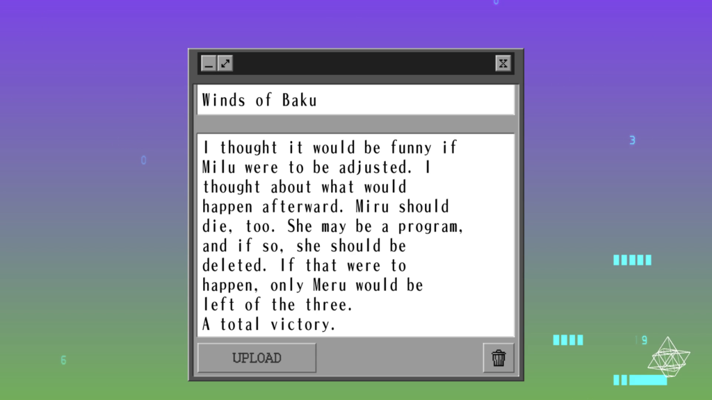 Screenshot from "YOGORE." In a text window titled "Winds of Baku," the following is visible: "I thought it would be funny if Milu were to be adjusted. I thought about what would happen afterward. Miru should die, too. She may be a program, and if so, she should be deleted. If that were to happen, only Meru would be left of the three. A total victory."