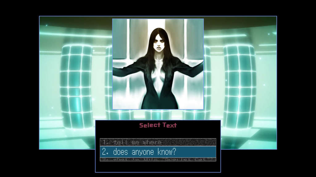 Screenshot from "TIGIRI." In the window is a CG cyberspace room consisting of five pillars in a room glowing a light blue. A central window shows Meru, dressed in a form-fitting black bodysuit unzipped to her navel, standing between two of the pillars. Her shadowy eyes are rather intimidating. A dialogue box captioned "Select Text" lets the player choose one of three dialogue options. The highlighted one reads, "does anyone know?"