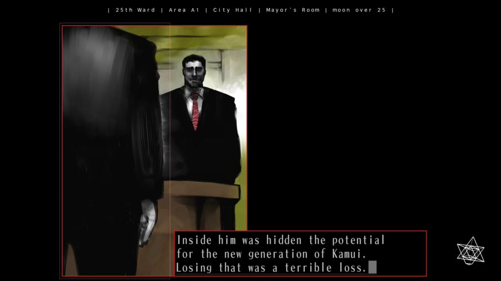 Screenshot from "moon over 25." The window on the left shows, in the foreground, the back of one man in a black suit and trousers, his head not visible. In the background, on the other side of the desk, Tsuki stands with his hands in his pockets. The man in the foreground is Mikoshiba. Mikoshiba says, "Inside him was hidden the potential for the new generation of Kamui. Losing that was a terrible loss."