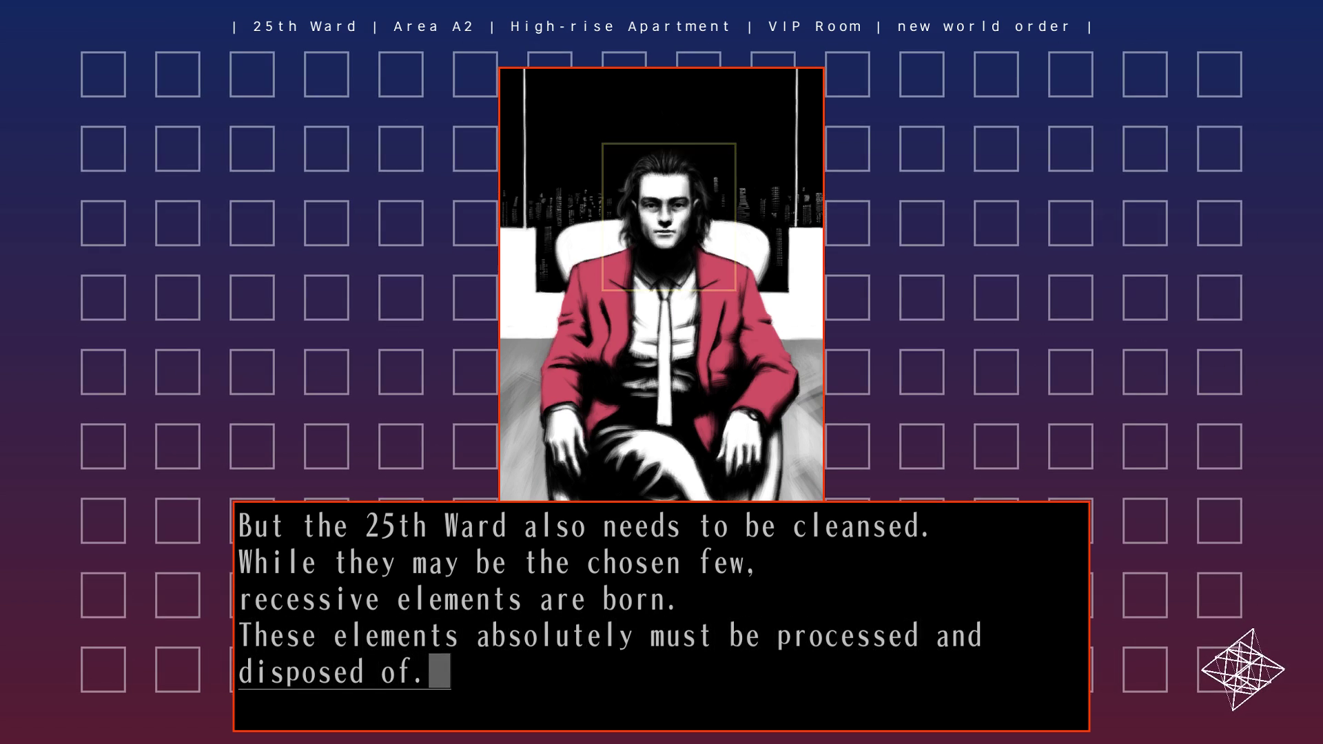 Screenshot from "new world order." Nakane Kinshiro, a man with messy long hair wearing a necktie and red jacket, sits with his back to the city skyline at night. There is not a star in the sky. He says, "But the 25th Ward also needs to be cleansed. While they may be the chosen few, recessive elements are born. These elements must be disposed of."