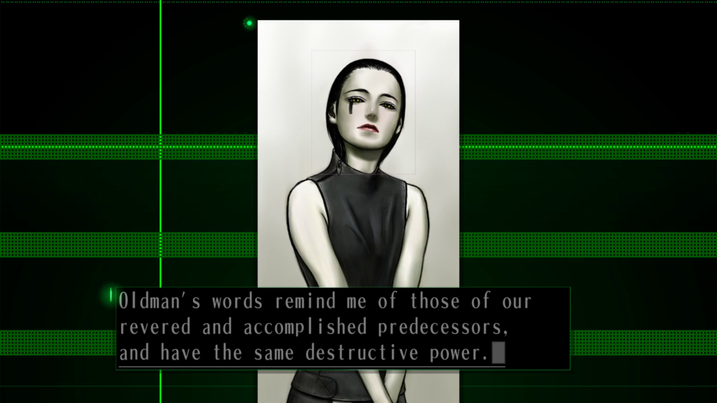 Screenshot from "KamuiDrome." A central window shows Neutral/Nakama standing against an off-white gradient background. Her skin is gray, snd she wears black. Her hair is tucked into her collar, and she has a line as makeup descending from her right eye. She says, "Oldman's words remind me of those of our revered and accomplished predecessors, and have the same destructive power."